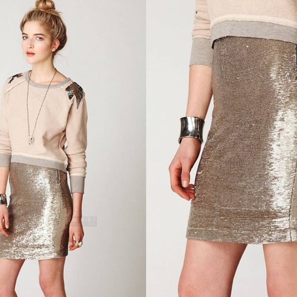 NEW FREE PEOPLE distressed sequin skirt deep steel gold S